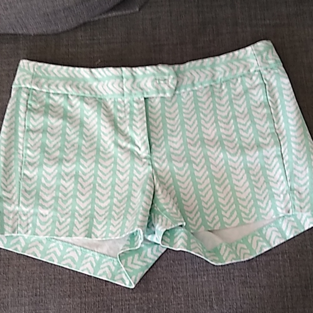 mint, patterned J crew shorts